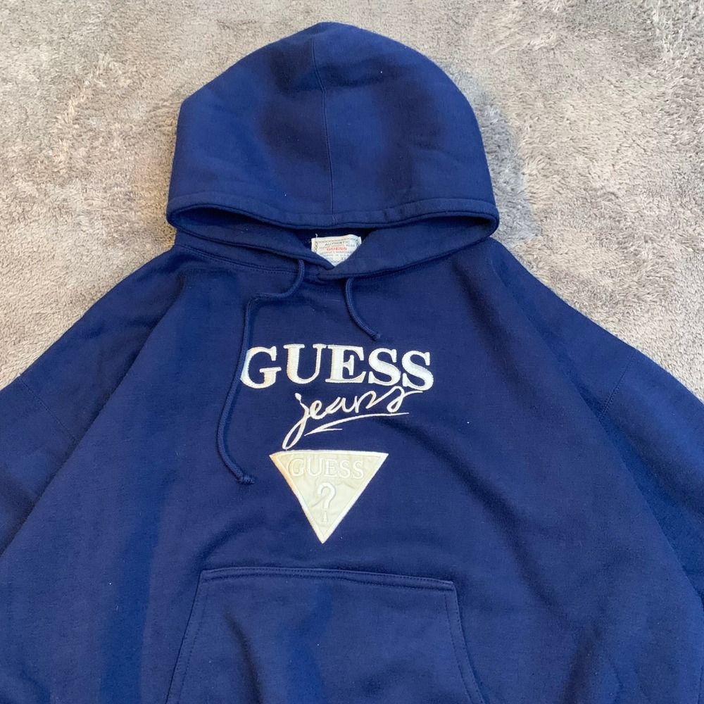 Vintage Guess Jeans Georges Marciano Hoodie Navy Blue Embroidered XL Made in USA
